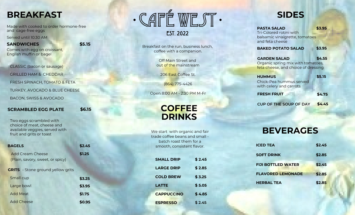 Menus : Café West : 206 E. Coffee St : Greenville, SC 29601 : 864.775.4426